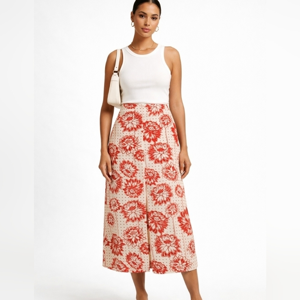 TOPSHOP Floral Boho Midi Skirt. Red/Cream. Size 4